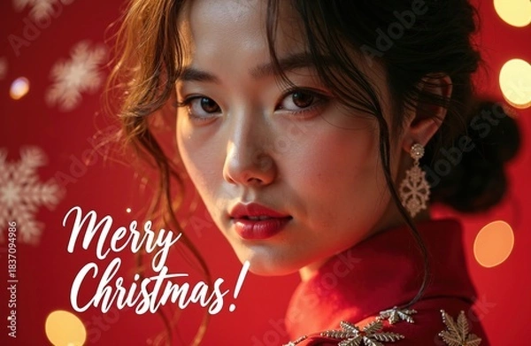 Fototapeta Glamorous Asian woman in a red dress with snowflake earrings. Festive red background with bokeh lights and white Merry Christmas text