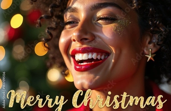Fototapeta Joyful woman with red lipstick and gold glitter makeup smiling against a blurred Christmas tree background. Festive text: Merry Christmas