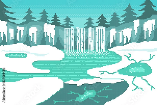 Obraz Waterfall with frost fractures and cracked ice in winter, snow landscape on pine background.