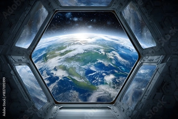 Obraz The Earth appears through a hexagonal spaceship window, partially covered by clouds and illuminated by sunlight.