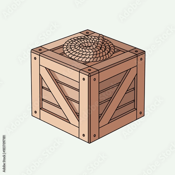 Fototapeta Wooden crate with coiled rope on top against light background  