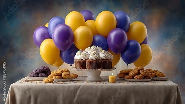 Fototapeta Party celebration scene with floating balloons, table filled with desserts, glowing candles, and festive props.