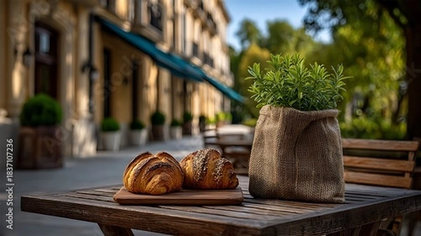 Fototapeta Outdoor caf?(C) setting with bags beside a table with a fresh pastry box, elegant storefronts visible across the street.