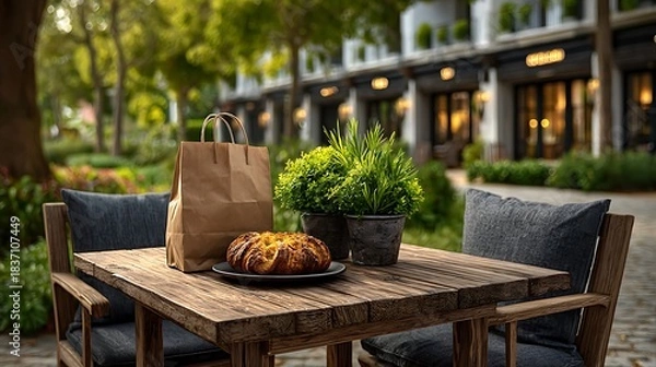 Fototapeta Outdoor caf?(C) setting with bags beside a table with a fresh pastry box, elegant storefronts visible across the street.