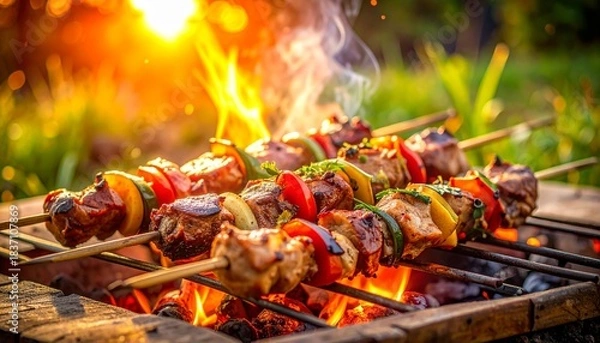 Fototapeta Shashlik — Russian Grilled Meat Skewers BBQ Style