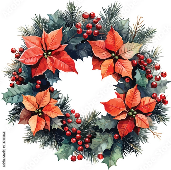 Obraz A festive Christmas wreath illustration features red poinsettia flowers and green holly berries with seasonal leaves and floral branches for a winter holiday celebration pattern