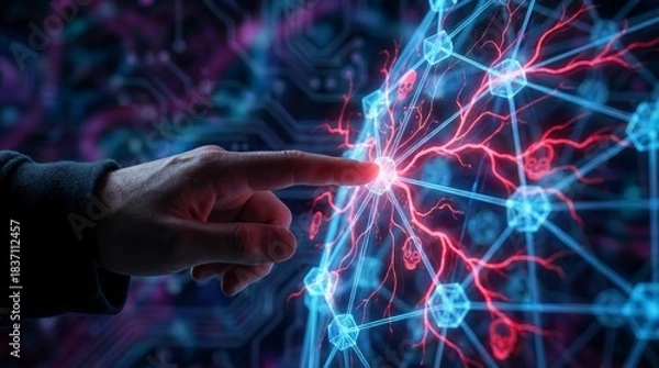 Fototapeta Anonymous hacker hand touching digital network interface with red skull virus icons executing cyber attack and dangerous malware infection risk in dark data security technology breach.