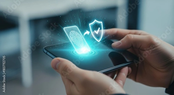 Fototapeta Smartphone device with biometric fingerprint scan and digital security shield icon for safe user access authentication and mobile data privacy protection system