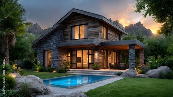 Fototapeta Realistic 3D night view of modern home for sale with sleek wood cladding, poolside view, landscaped lawn, under a sky full of stars.