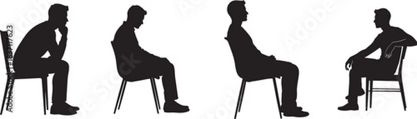 Fototapeta silhouettes of people sitting in chairs facing different directions in a minimalist style