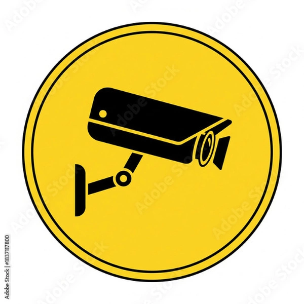 Obraz Bold black security camera icon within a bright yellow circle, representing essential surveillance, property protection, and advanced monitoring technology for enhanced safety and security