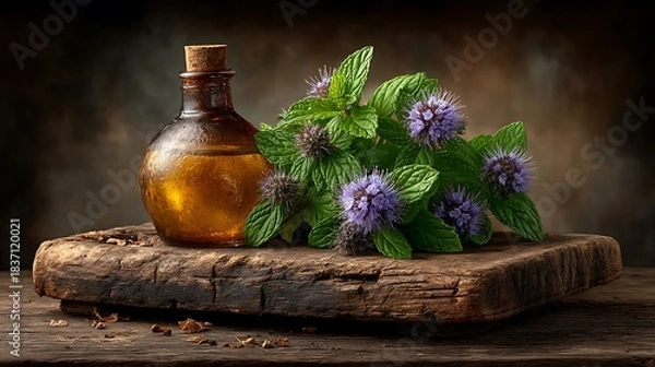 Fototapeta Rustic tabletop with fresh peppermint, a small glass bottle of oil, and scattered mint blossoms in soft focus.