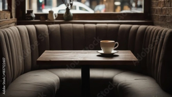 Obraz Coffee cup on table in cozy cafe booth