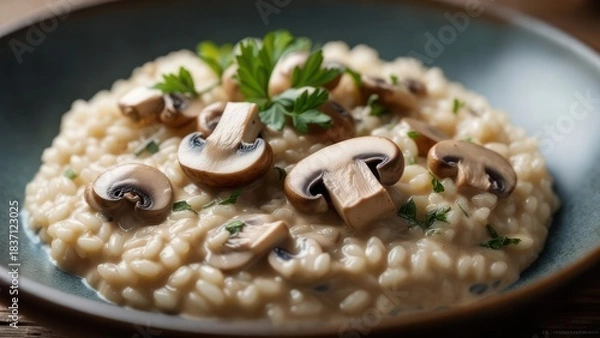 Obraz Mushroom risotto in a blue bowl