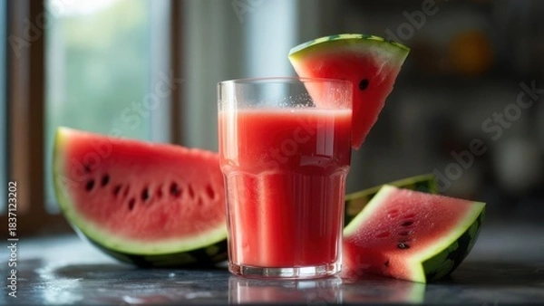 Obraz Refreshing Watermelon Juice in Glass with Slices, Summer Refreshment