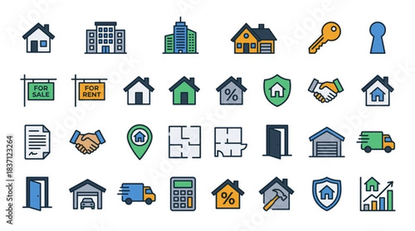 Obraz Real Estate Vector Icon Sheet File – Property, Mortgage, and Housing Symbols