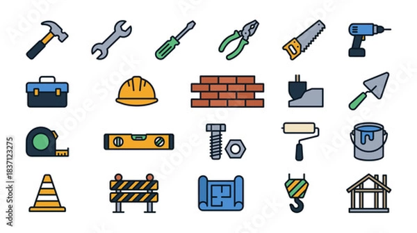 Obraz Construction and Tools Vector Icon Sheet File – Engineering, Building, and DIY Symbols