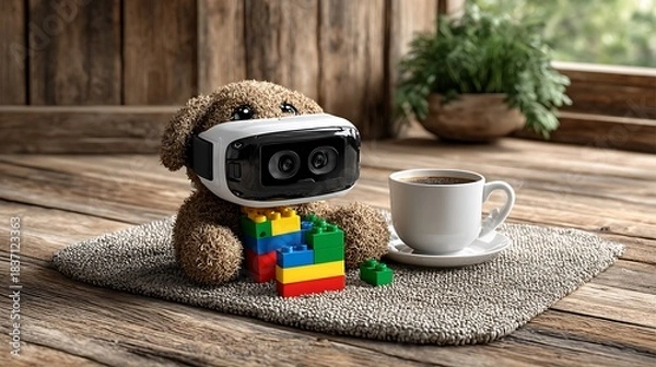 Fototapeta Playful interior setup showing a VR headset next to building blocks and a teacup on a rug.