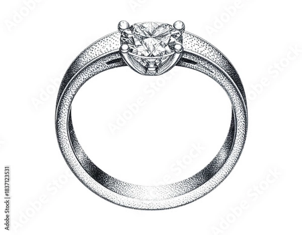 Fototapeta Pointillism Diamond Engagement Ring in Classic Front View, Minimalist Circular Design, Isolated on Transparent Background