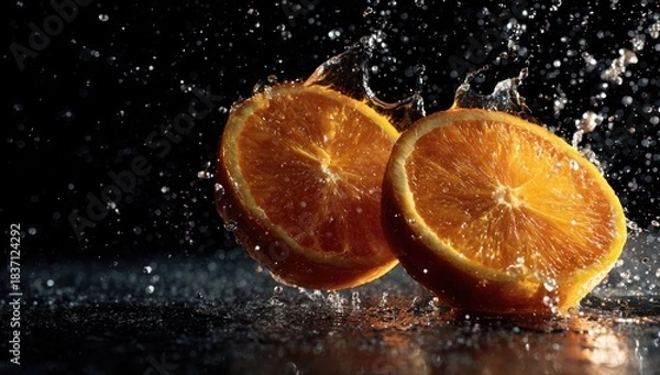 Obraz Two halved oranges with water splashes on a glossy black surface against a dark background