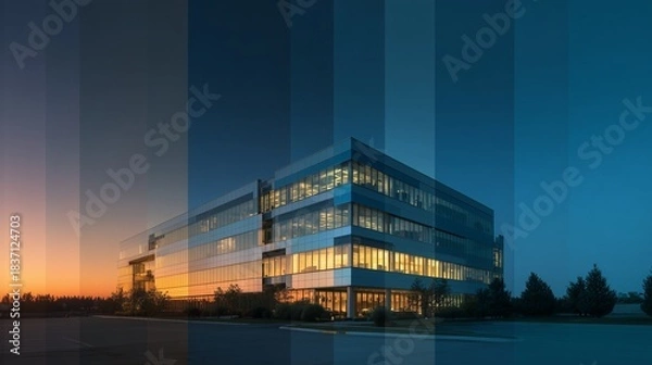 Fototapeta A time-lapse style prompt of an office building’s lighting system adjusting throughout the day based on IoT scheduling, showing sunrise to evening transition.