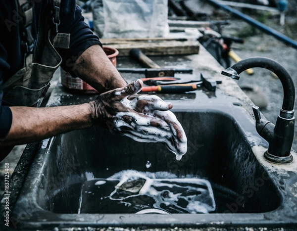Fototapeta After a hard days work, a craftsman washes his hands clean in a rustic sink. Symbolizing labor, hygiene, and dedication. Ideal for construction, safety, and workethic themes.