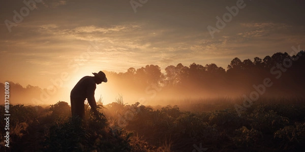 Obraz farmer checking his crops in the field