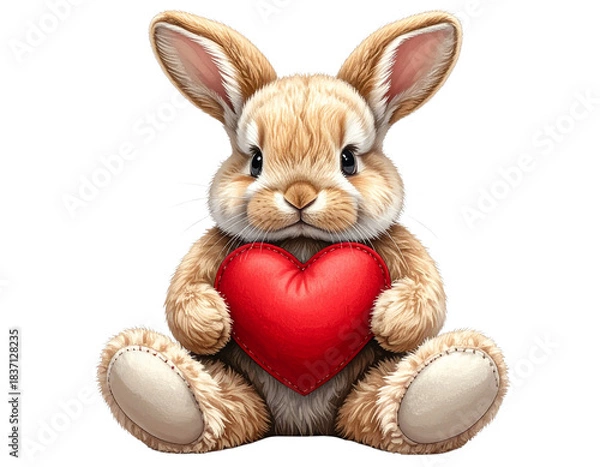 Fototapeta Sitting Plush Bunny With Red Heart, Soft Toy Character Front View, Isolated on Transparent Background