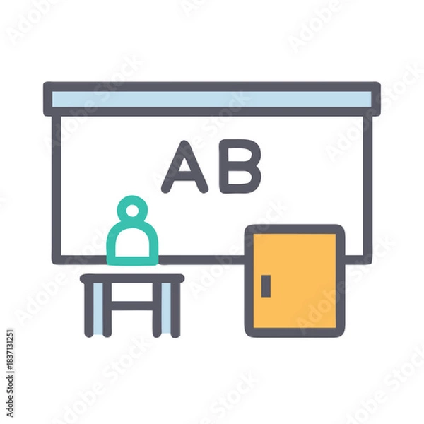 Fototapeta Illustration of classroom with desk, student, door, and blackboard for educational design
