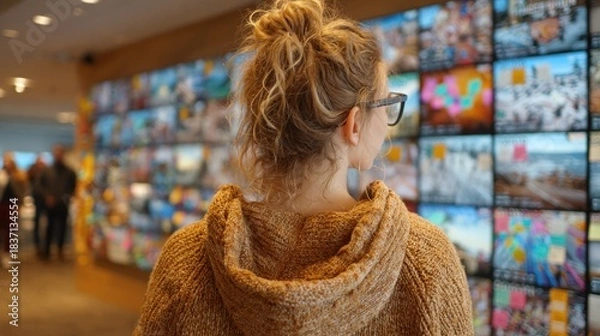 Obraz Woman with glasses looks at a wall of screens. Others walk in background