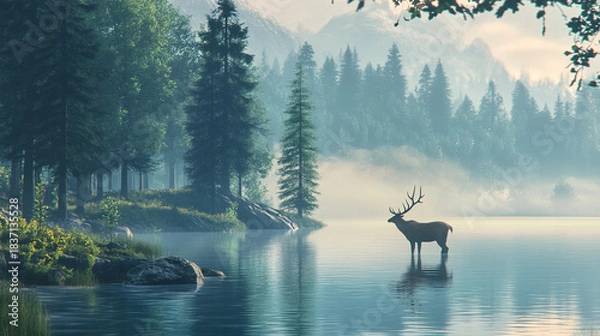 Fototapeta The mist rises from the lake in the early morning, and the forest is alive with the soft sounds of wildlife. How do you embrace this quiet moment of solitude and connection?