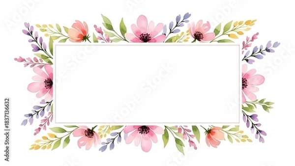 Fototapeta Floral Frame: An elegant watercolor floral frame, featuring delicate pink blossoms, green leaves and a clean blank space to place custom text.