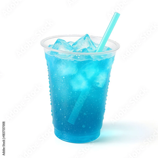 Fototapeta Refreshing blue beverage in clear plastic cup with ice cubes and straw, perfect for summer
