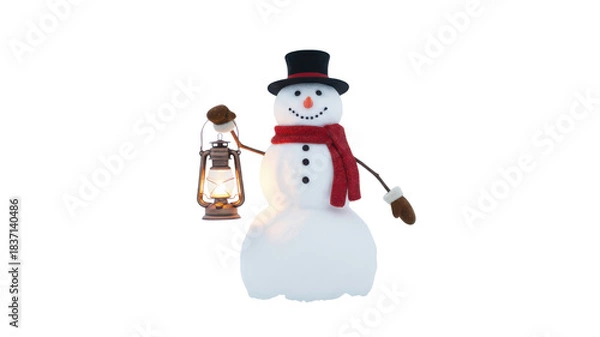 Fototapeta Christmas Snowman Character in Top Hat and Red Scarf Holding Vintage Glowing Lantern isolated on Transparent Background