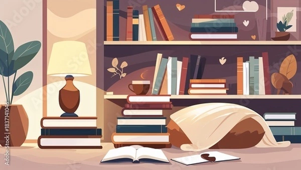Obraz Cozy Reading Nook: A Serene Evening with Books and Warm Light