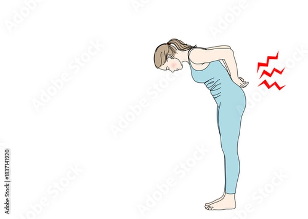 Obraz 腰痛で腰を抑えて痛みをこらえる女性のイラスト 全身横向き カラー