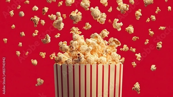 Fototapeta Playful popcorn poster with bursting kernels, striped theater box design elements 