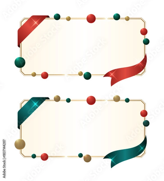 Obraz ゴールドの縁取りがある長方形フレーム2点セット、赤とティールグリーンと金色のオーナメントとリボンで装飾された、クリスマスやホリデーシーズンの招待状・案内バナーに最適なベクターイラスト