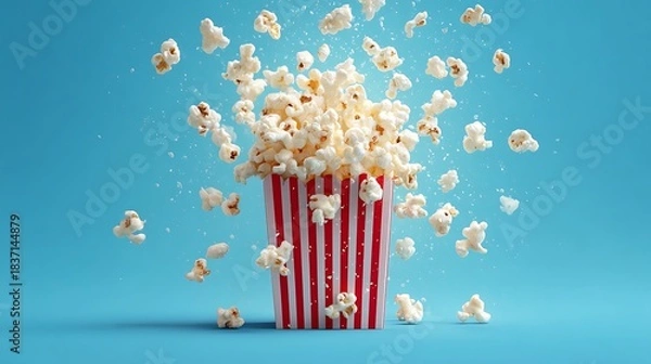 Fototapeta Playful popcorn poster with bursting kernels, striped theater box design elements 