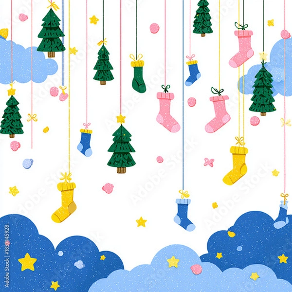 Fototapeta Festive Hanging Christmas Decorations with Trees, Stockings, Stars and Blue Clouds on White Mockup Background made with generative AI
