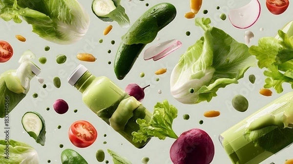 Fototapeta Playful salad poster with floating veggies and dressing bottle decorations 