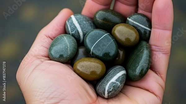 Fototapeta Close-up of a Hand Cupping Several Smooth, Polished River Stones with White Stripes, Wet and Gleaming from the Water