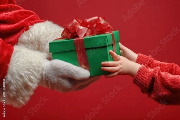 Obraz Santa Claus presents a festive green gift box to a child with a joyful holiday spirit. MZ 