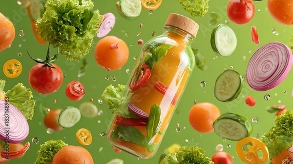 Fototapeta Playful salad poster with floating veggies and dressing bottle decorations 