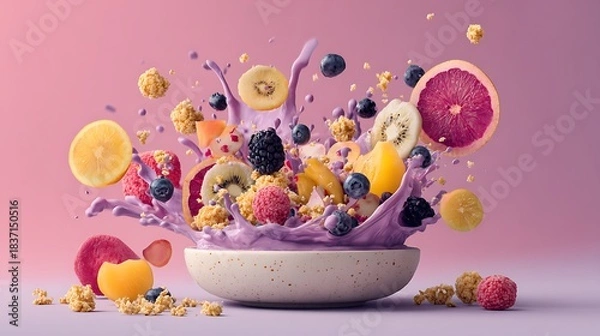 Fototapeta Vibrant smoothie bowl poster with floating fruit slices and granola clusters 