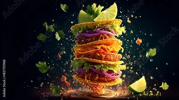 Fototapeta Vibrant taco poster with layered ingredients exploding upward, lime wedge and cilantro decorations 