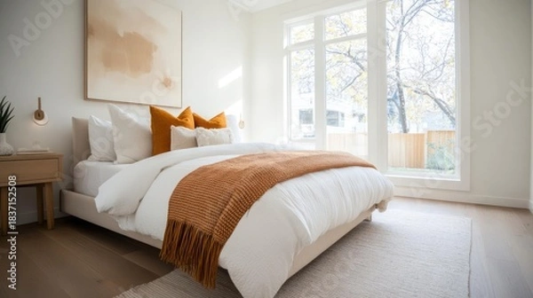 Fototapeta Bright bedroom featuring a cozy bed with white linens and burnt orange accents near a large window