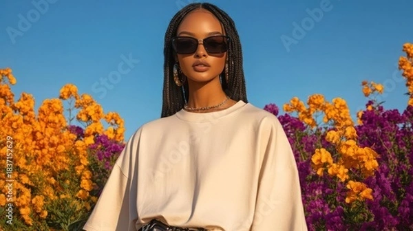 Fototapeta Portrait of fashionable woman with sunglasses in vibrant blooming flower field under clear blue sky