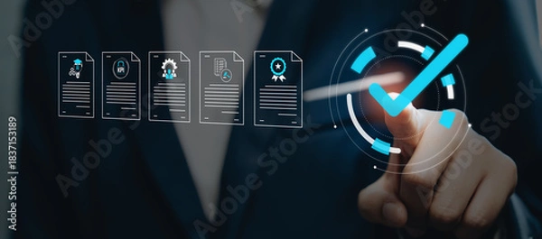 Obraz Quality assurance concept, hand pointing checkmark icon with document graphics, compliance verification workflow, process validation, performance standards, corporate reliability improvement.