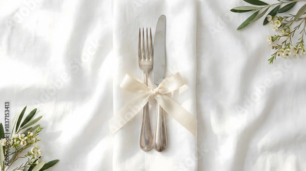 Fototapeta Elegant place setting: silver fork and knife tied with a bow on white linen, floral accents.